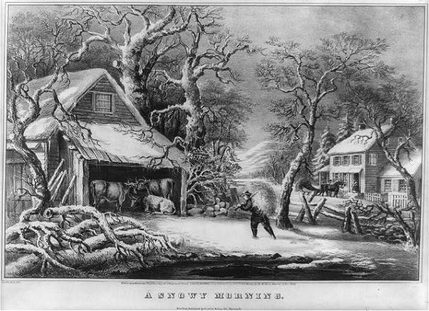 1 print : lithograph. | Print shows a farmer carrying a bundle of hay on his back to feed some cows huddled under cover outside a barn during winter. Contributor: Currier & Ives - Palmer, F. (Fanny) Original Format: Photos, Prints, Drawings   Date: 1864 http://www.loc.gov/pictures/item/2001706219/ 